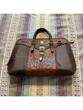 Vintage 90s RARE American West Large Tooled Brown Leather Silver Studded‎ Purse